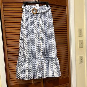 White and Blue Embroidered Skirt with buckle detail from Dillards.